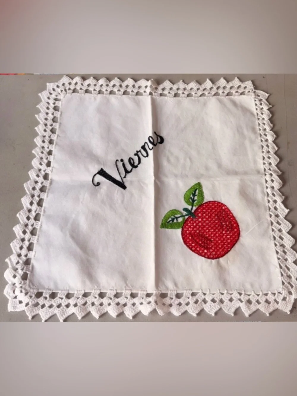 Embroidered White Pillowcase with Red Apple Design